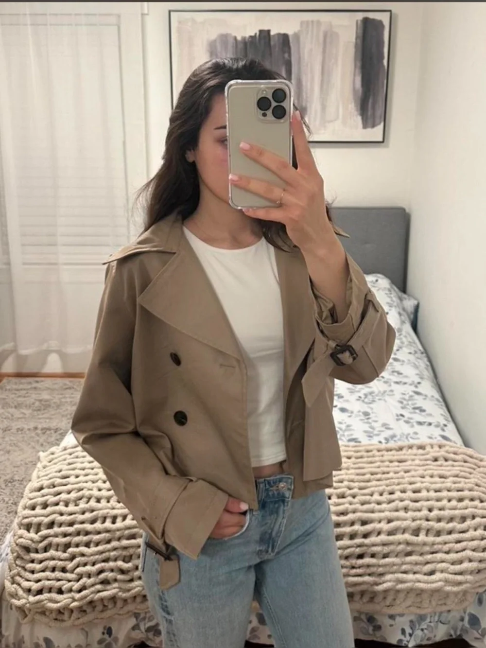 H&M Cropped Trench Jacket Beige Double Breasted Minimal - Picture 3 of 5